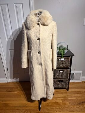 MADELINE by Alorna Wool Vintage Textured Fox Fur Finland Cream Long Coat Sz 12